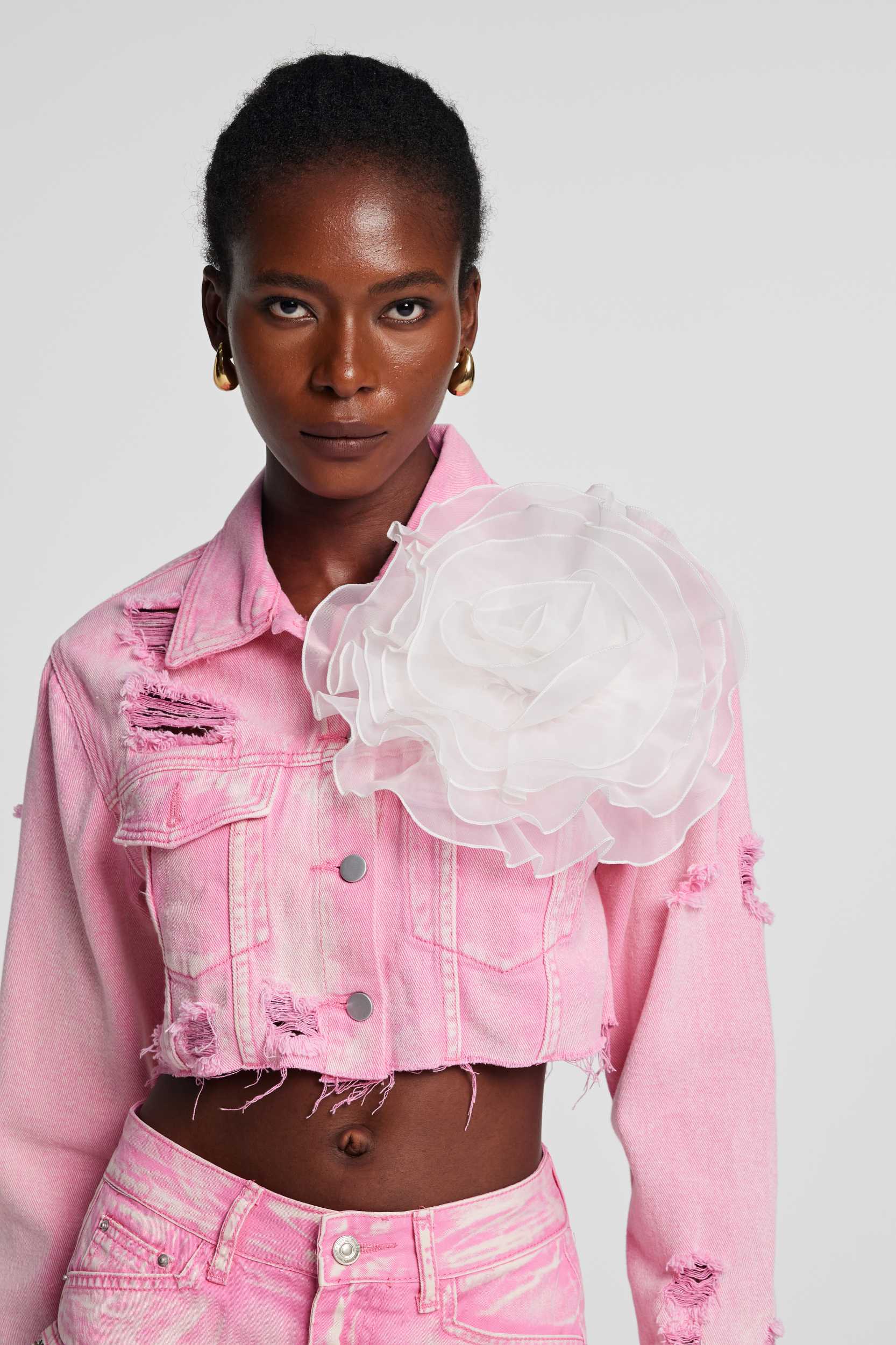 Johanna Torn Flower Denim Jacket In Pink