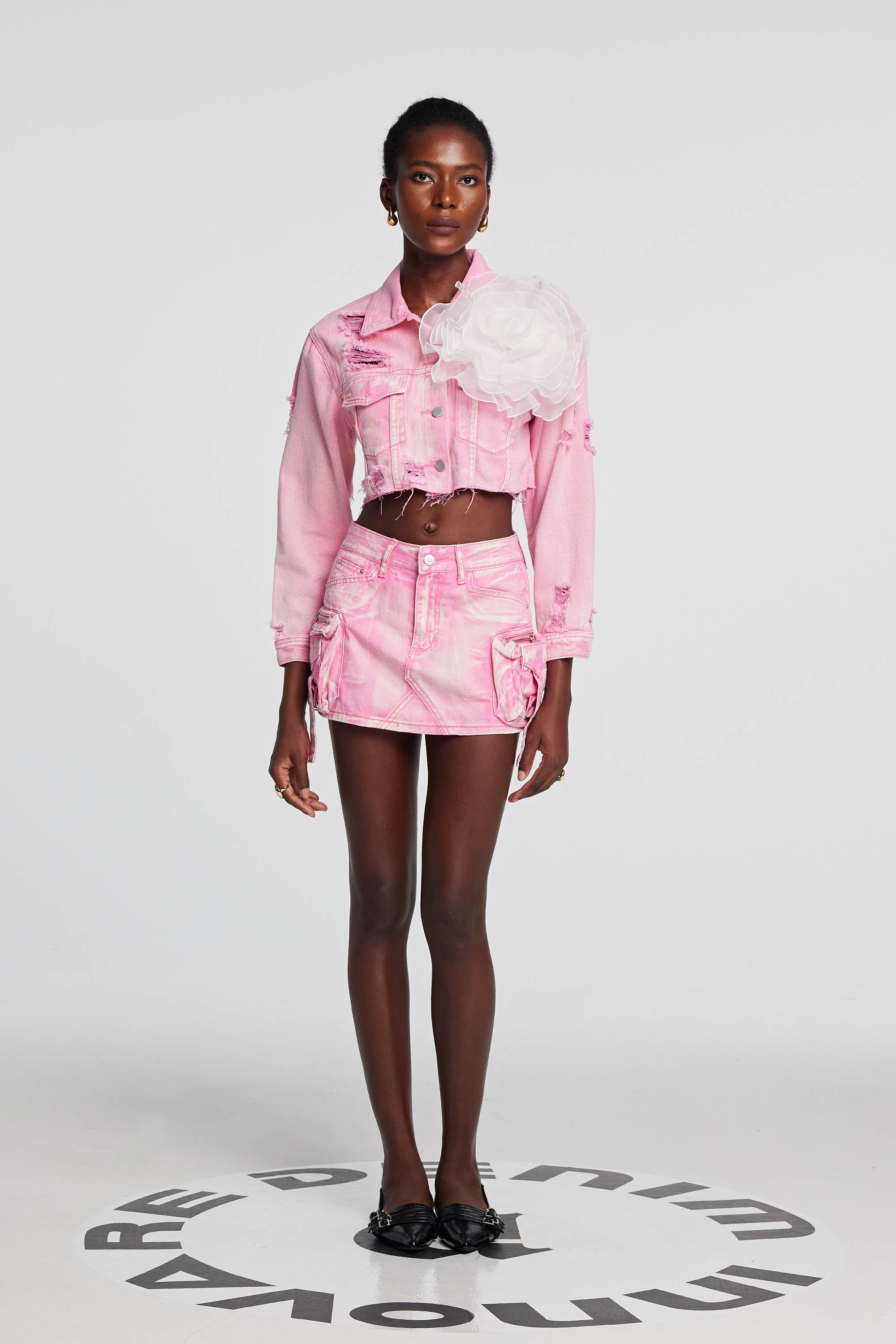 Johanna Torn Flower Denim Jacket In Pink