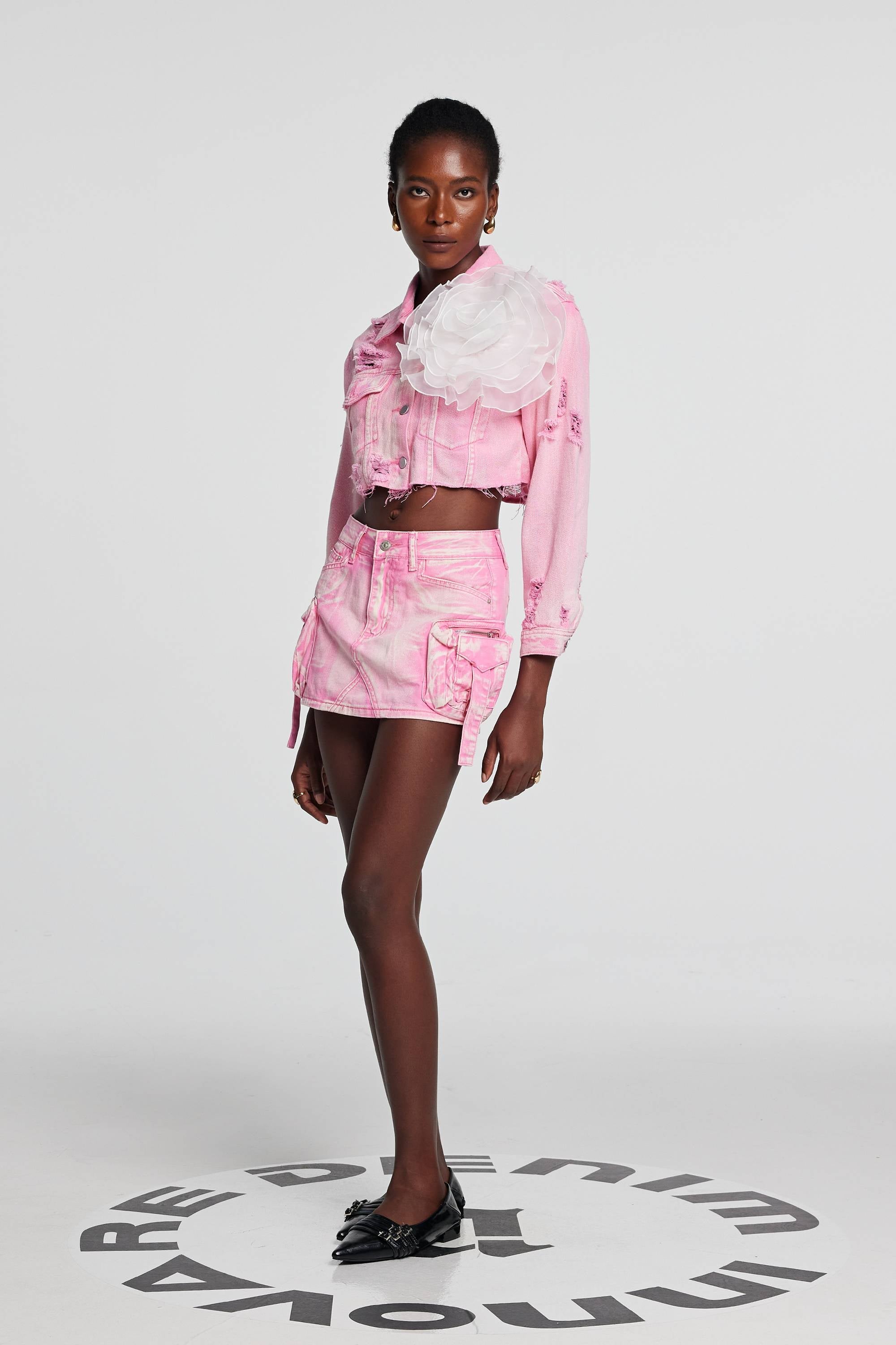 Johanna Torn Flower Denim Jacket In Pink