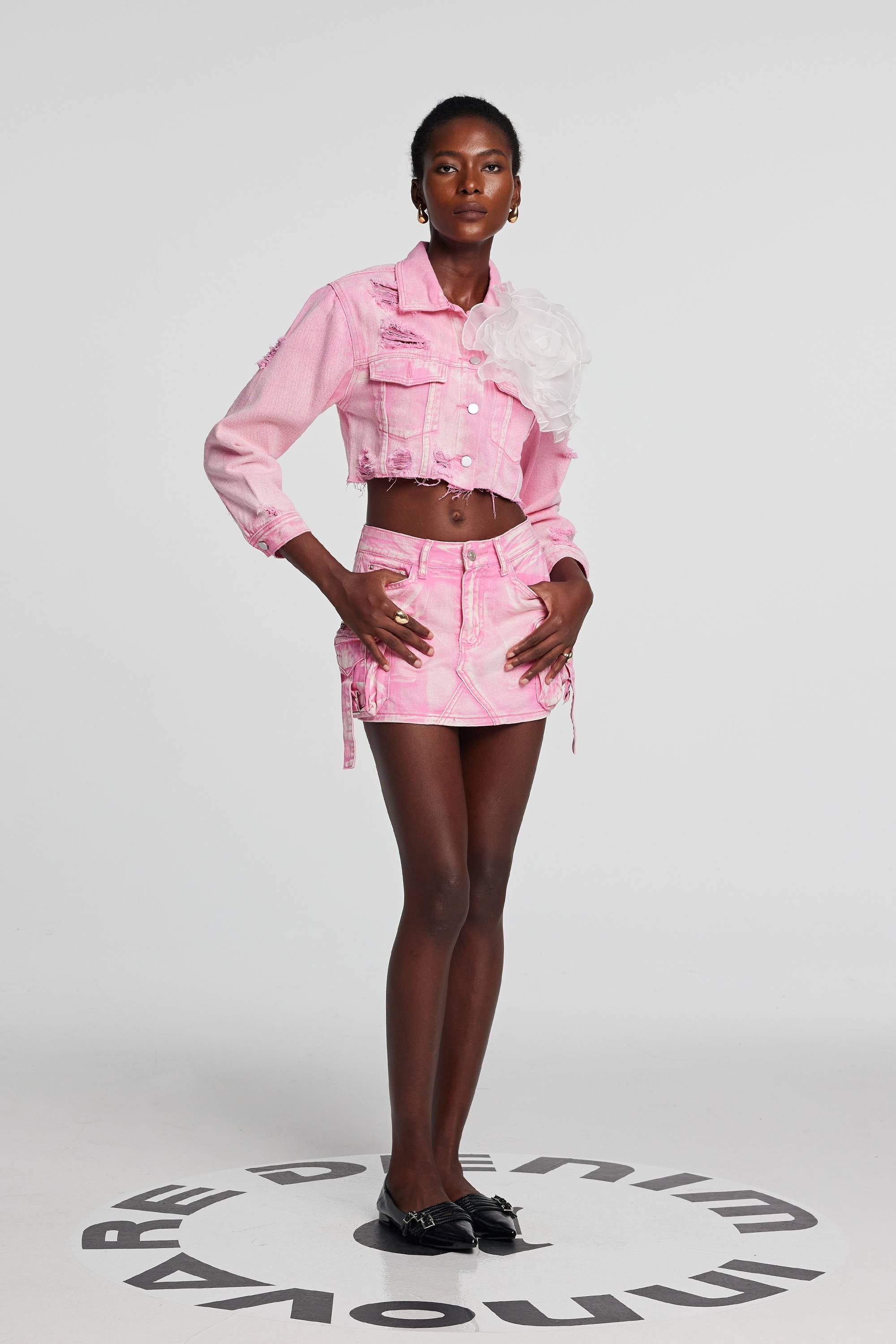 Johanna Torn Flower Denim Jacket In Pink