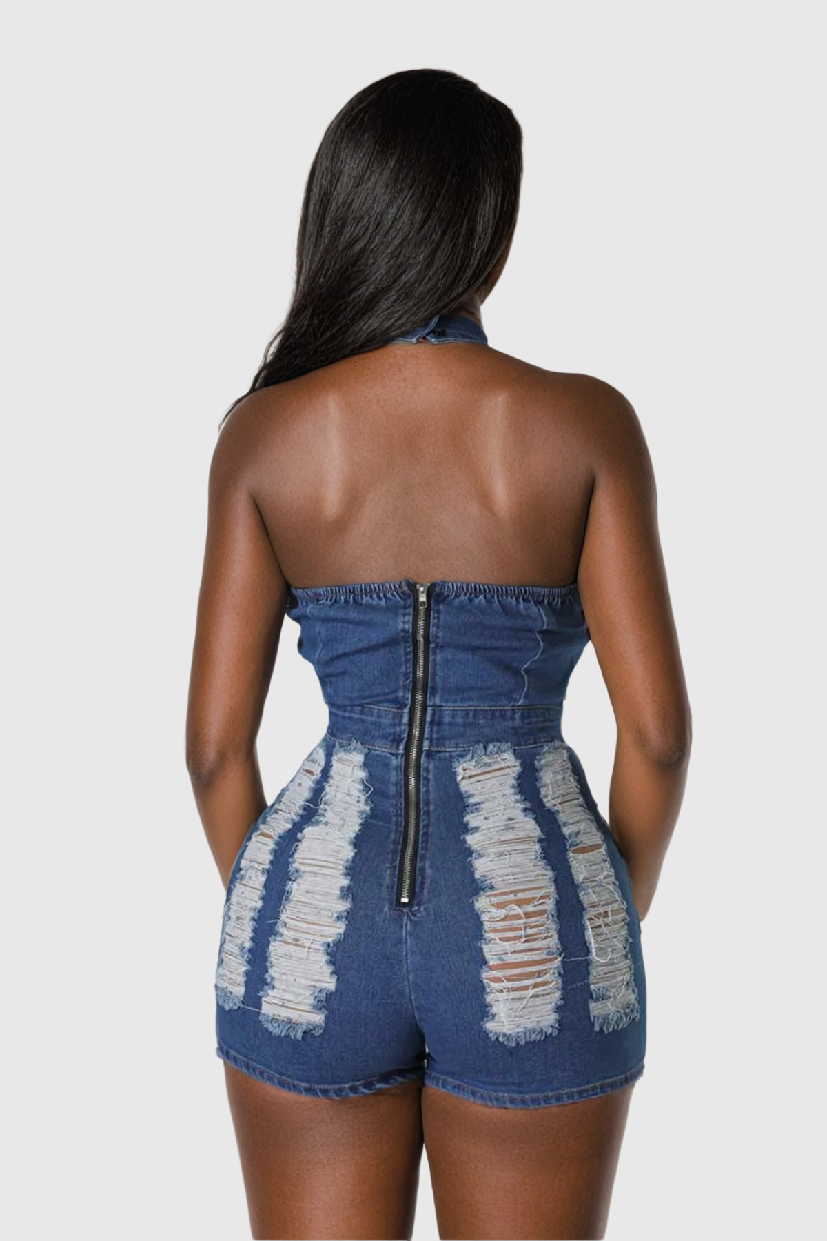 Karishma Torn Backless Bodycon Denim Jumpsuit