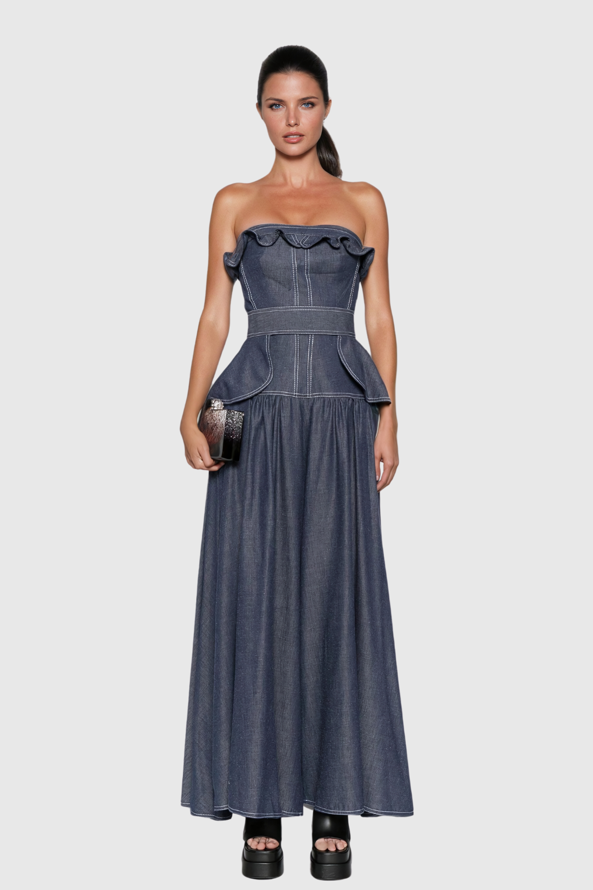 Kashvi Ruffle Strapless Denim Maxi Dress