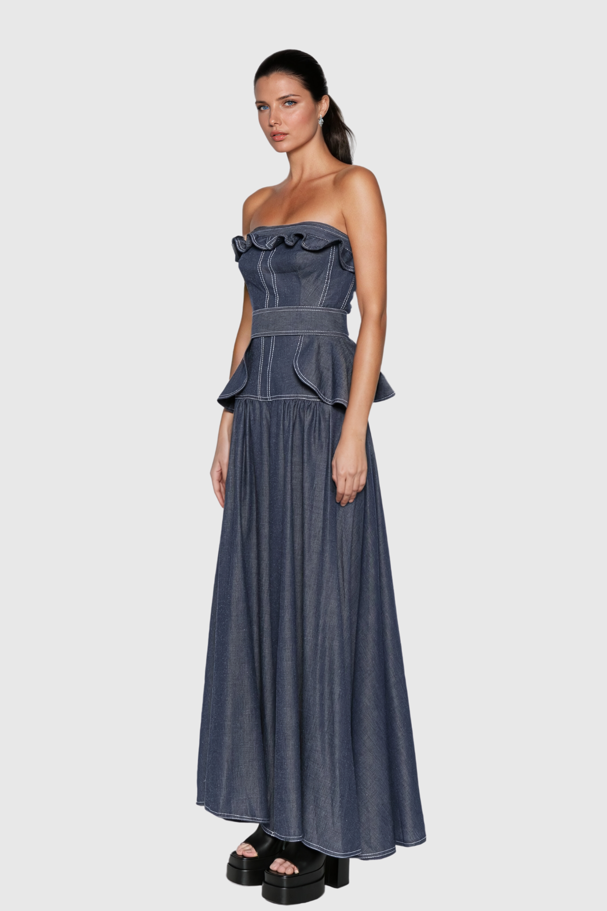 Kashvi Ruffle Strapless Denim Maxi Dress