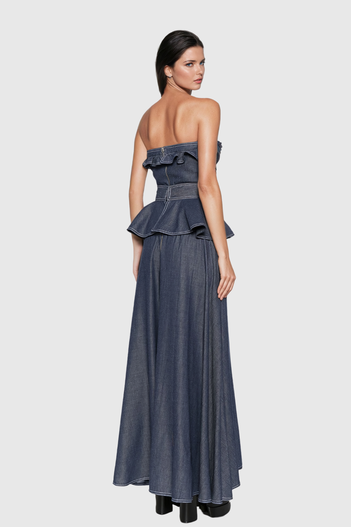 Kashvi Ruffle Strapless Denim Maxi Dress