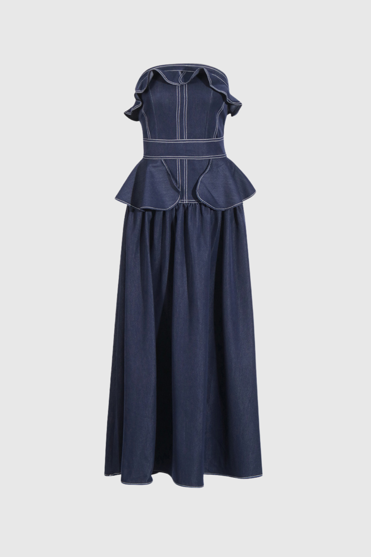 Kashvi Ruffle Strapless Denim Maxi Dress