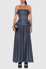 Kashvi Ruffle Strapless Denim Maxi Dress