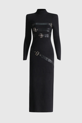 Kelsey Bodycon Buckle Embellished Knit Maxi Dress