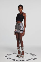 Kenna – Grid Deconstruct – Schwarzer Minirock mit Patchwork-Muster