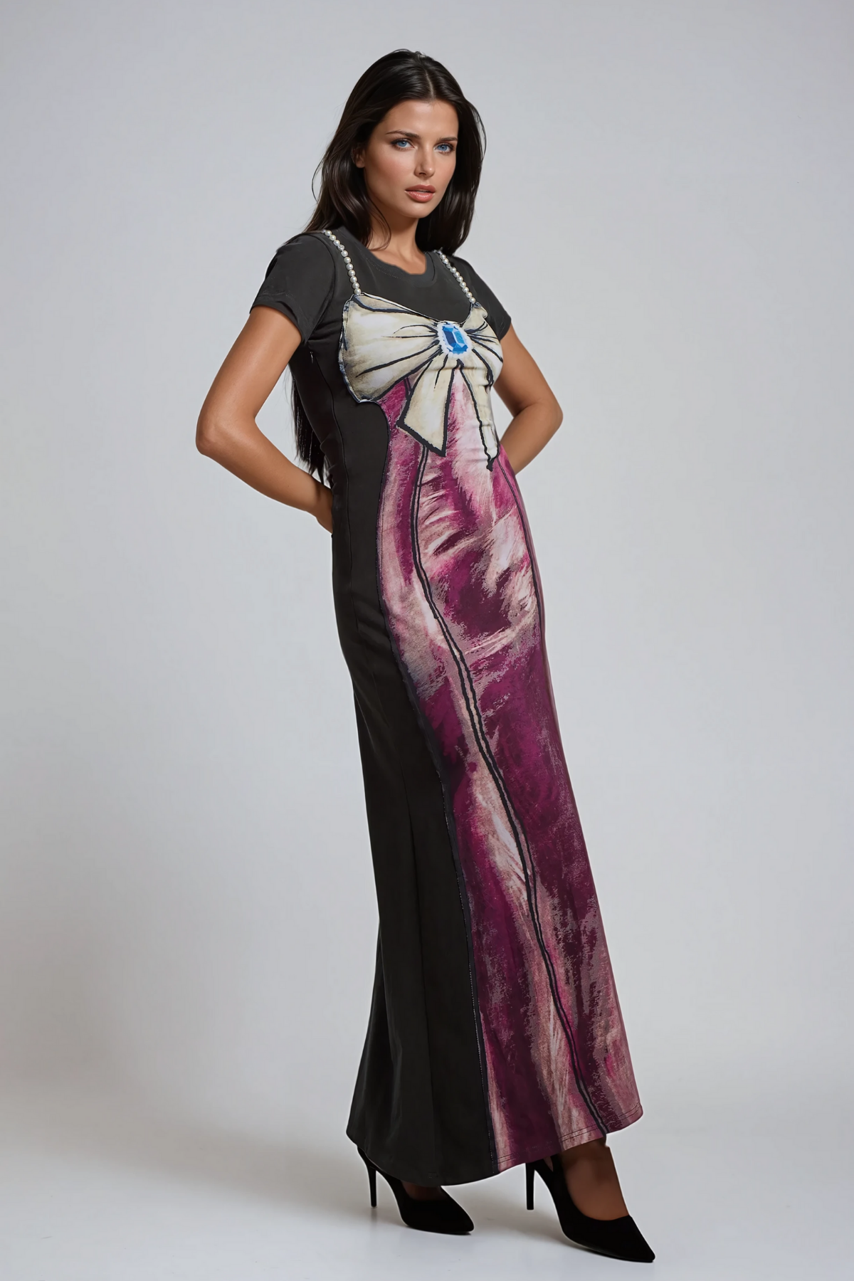 Kylee Print Bow Pearl Maxi Dress