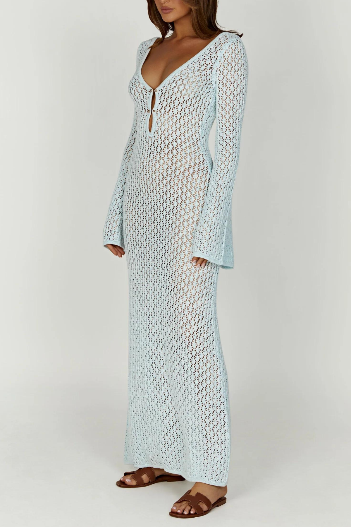 Lana Knit Hollow Plunge Maxi Dress In Blue