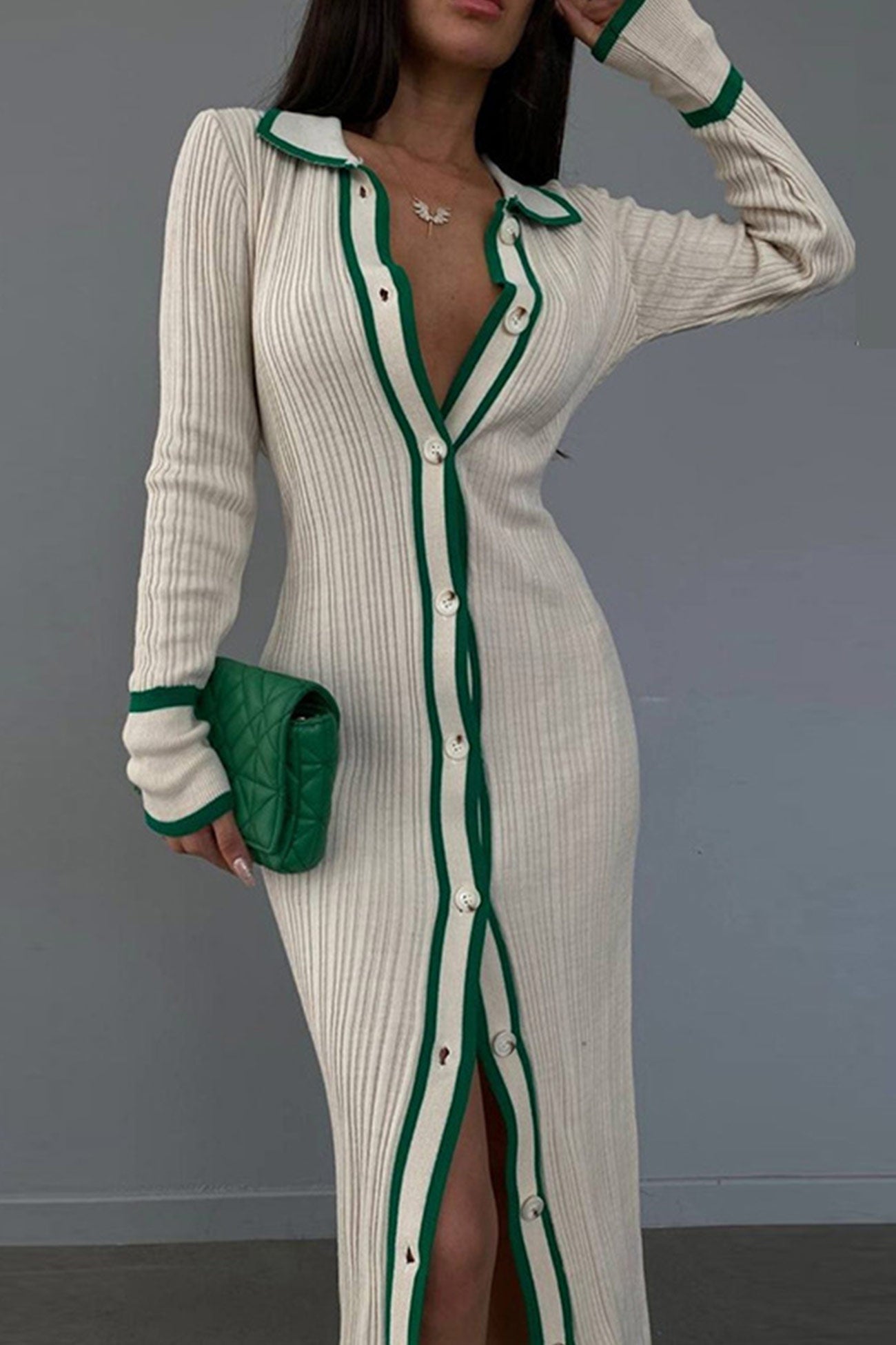 Lapel Contrast Single-breasted Ribbed Dress