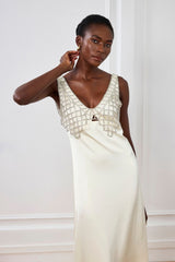 Ledini V Neck Crystal Maxi Dress In White