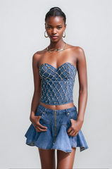 Trägerloses Jeanstop „Livia Diamonds“ mit Verzierung