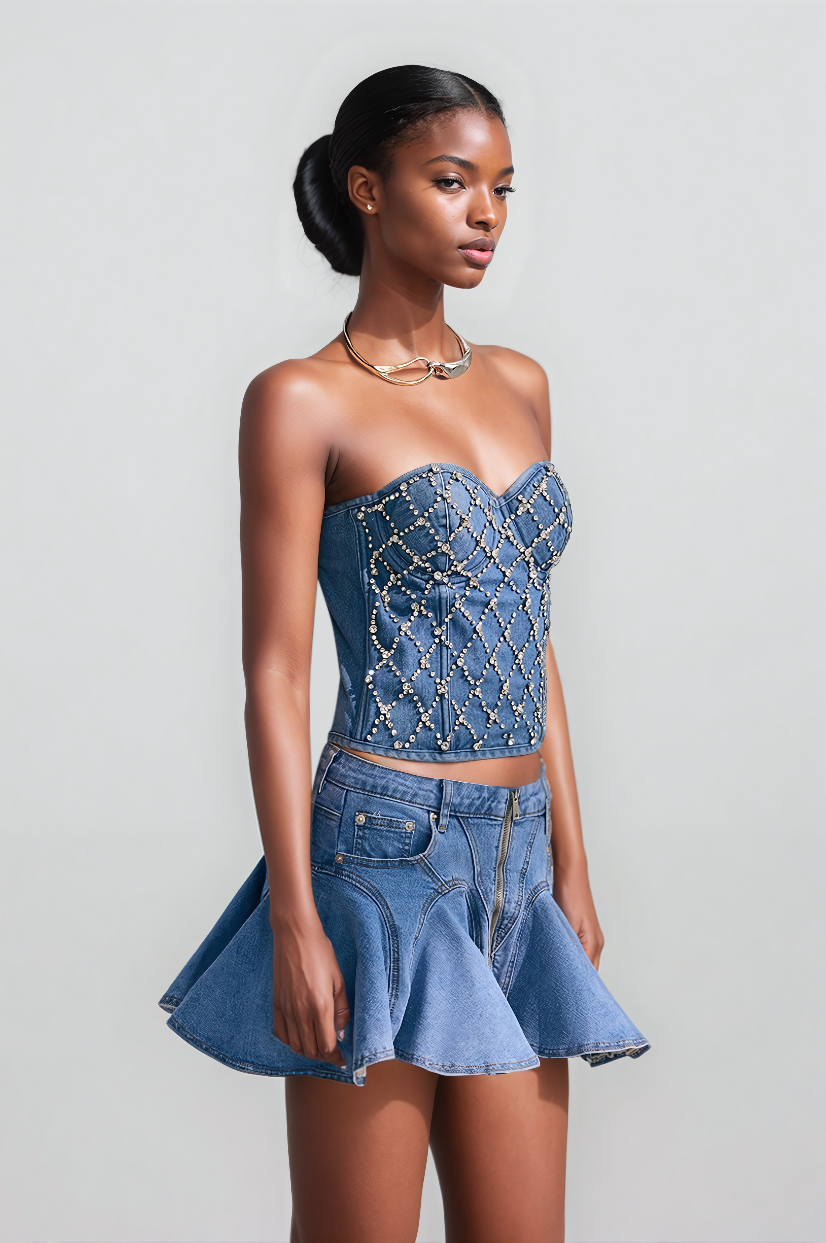 Trägerloses Jeanstop „Livia Diamonds“ mit Verzierung