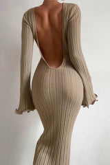 Long Flares Sleeve Backless Ribbed Knit Dress