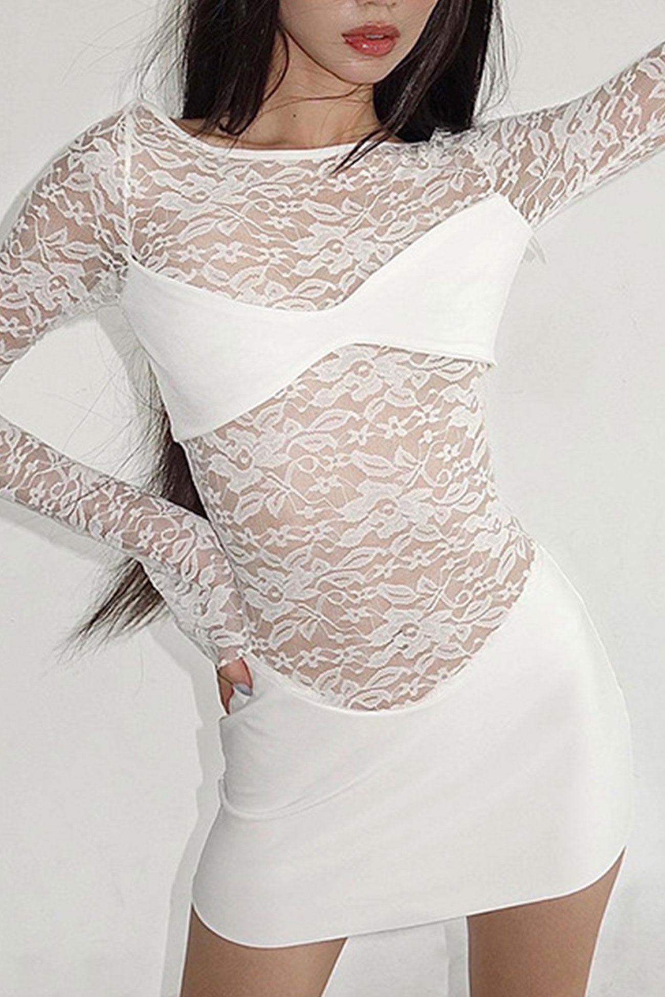 Long Sleeve Lace Hollow Out Pack Hip Dress