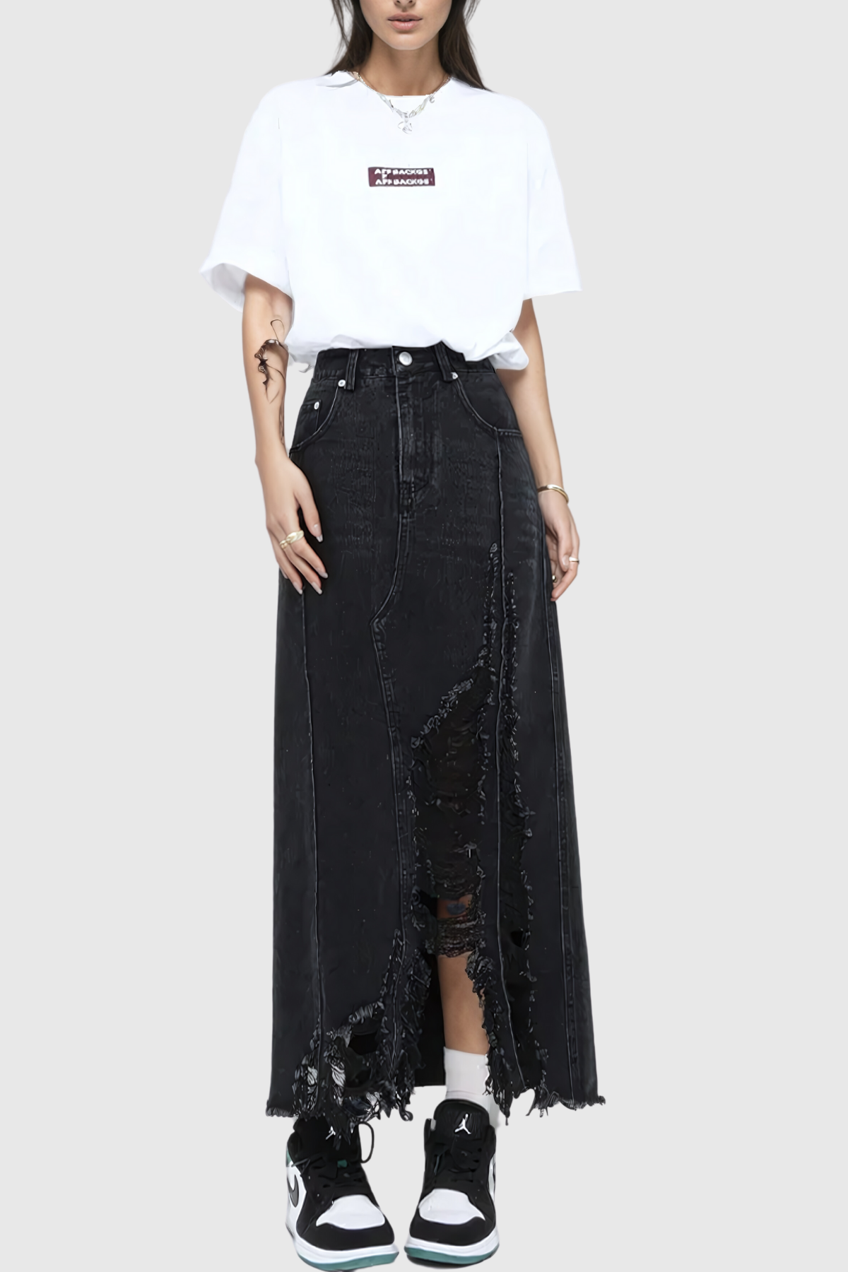 Melany Fringe High Split Denim Maxi Skirt