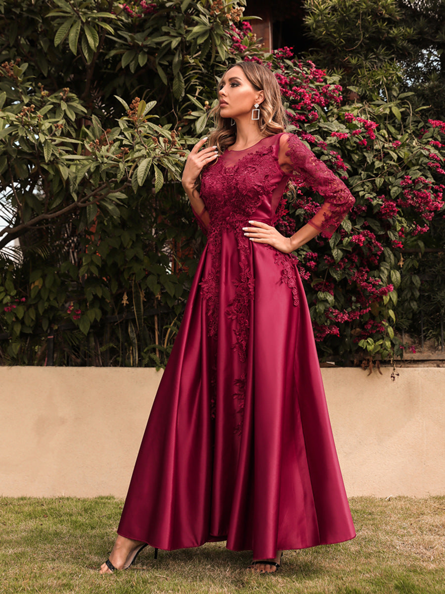 Satin A Line Long Sleeves Burgundy Party Dress