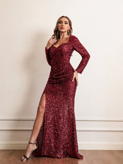 Burgunderrotes Partykleid mit langen Ärmeln und Pailletten