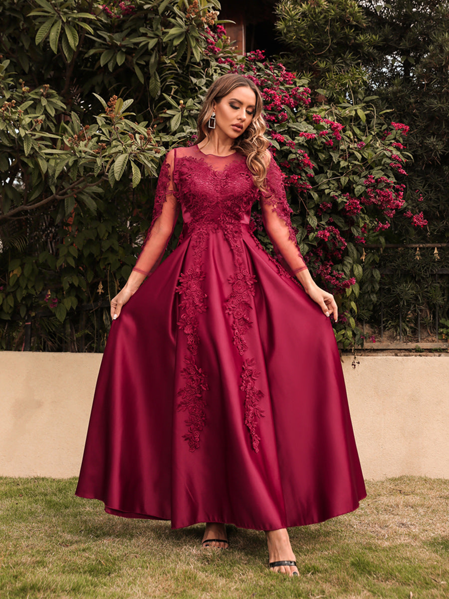 Satin A Line Long Sleeves Burgundy Party Dress