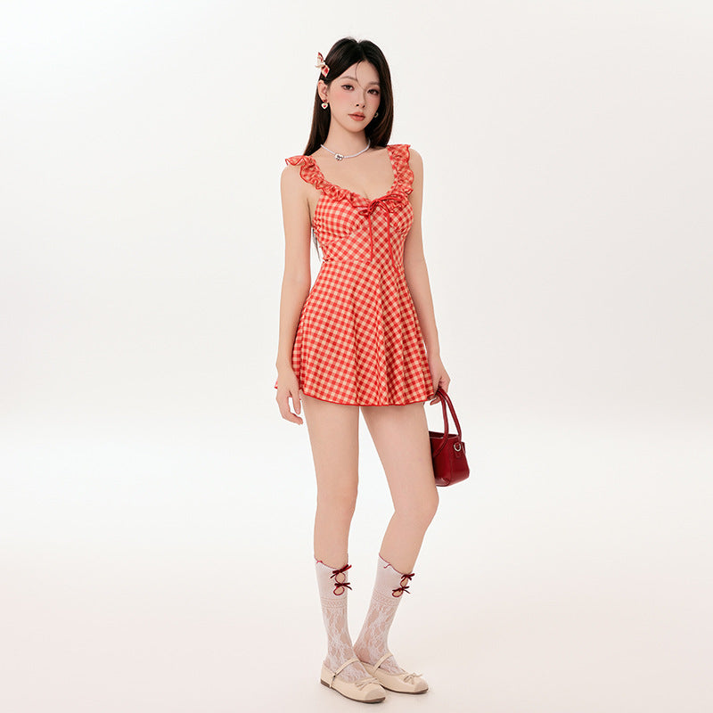 Ruffle Neck Jacquard Plaid Short Dress