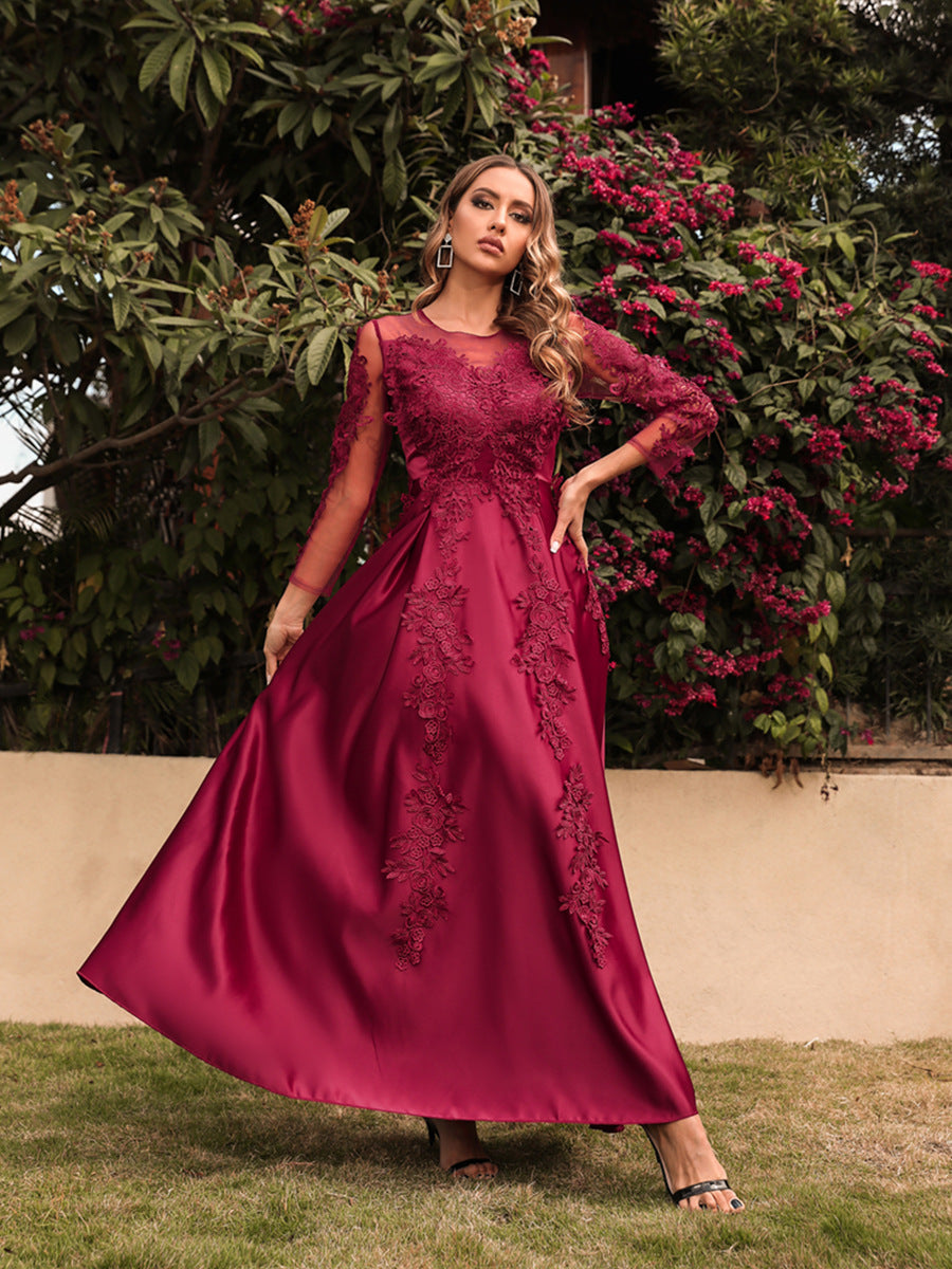 Satin A Line Long Sleeves Burgundy Party Dress