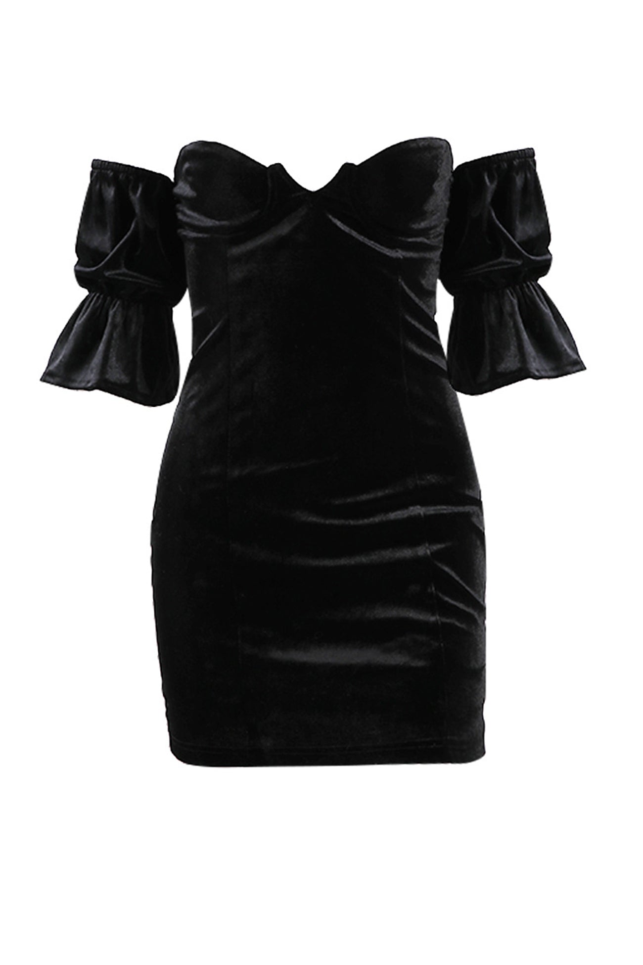 Schulterfreies Korsett-Samtkleid mit ausgestellten Ärmeln