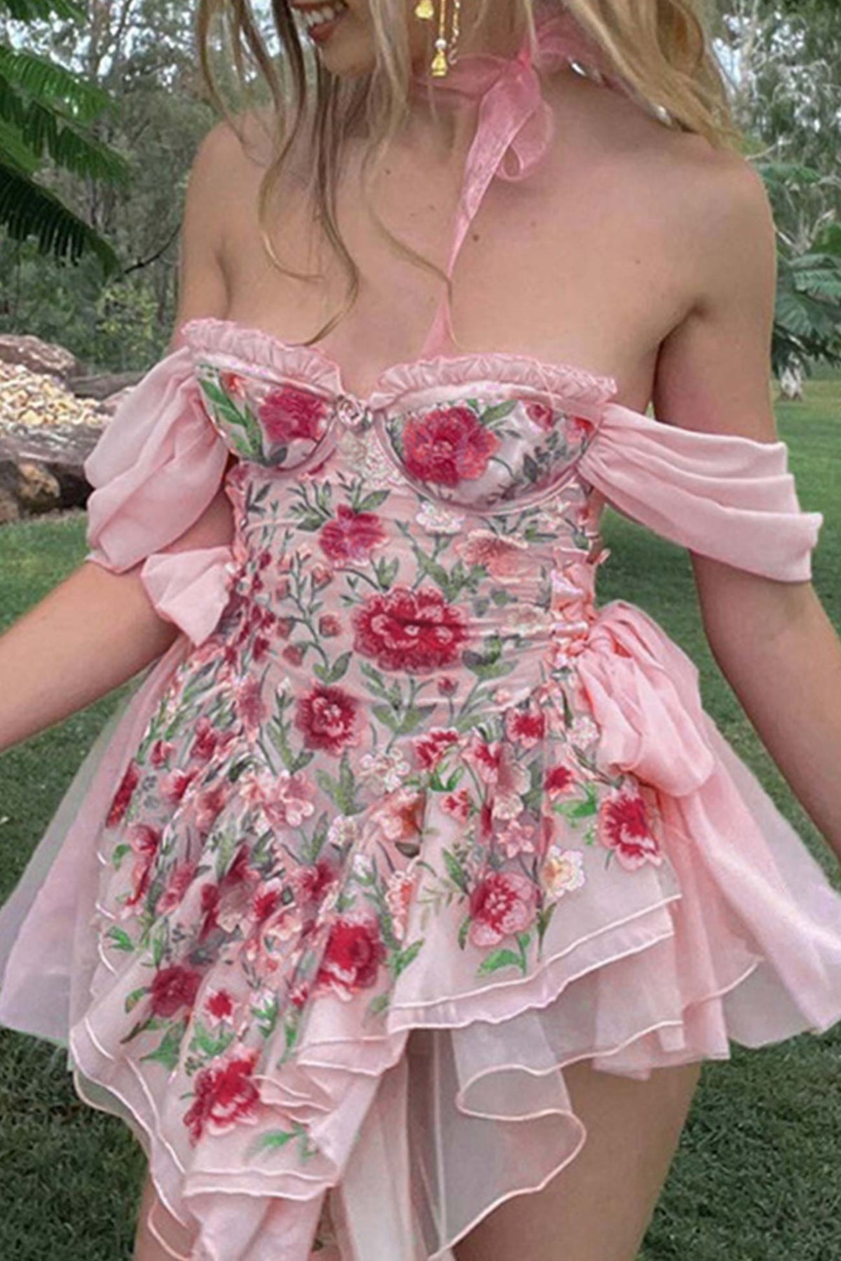 Schulterfreies Korsettkleid mit Blumendruck