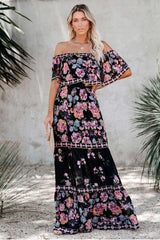 Off Shoulder Floral Print Tiered Maxi Dress