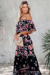 Off Shoulder Floral Print Tiered Maxi Dress