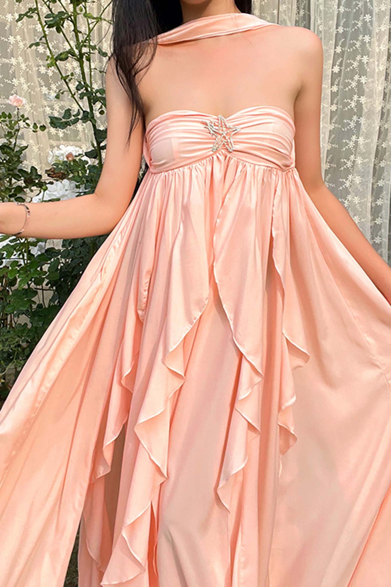 Pink Halter Ruffle Irregular Strapless Dress