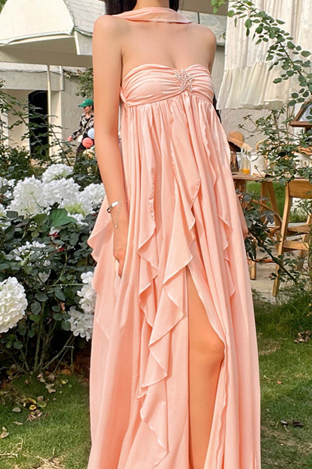 Pink Halter Ruffle Irregular Strapless Dress