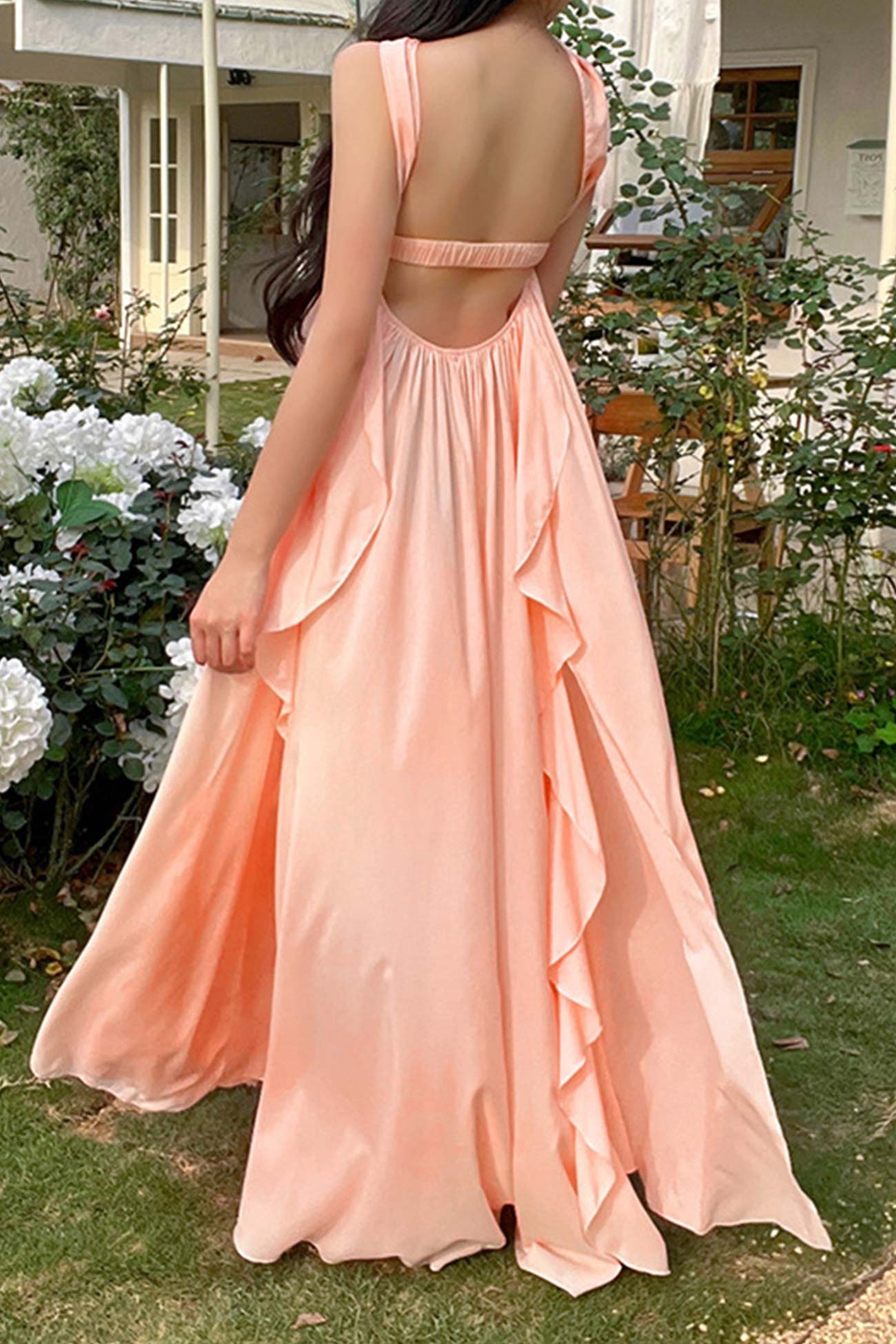 Pink Halter Ruffle Irregular Strapless Dress