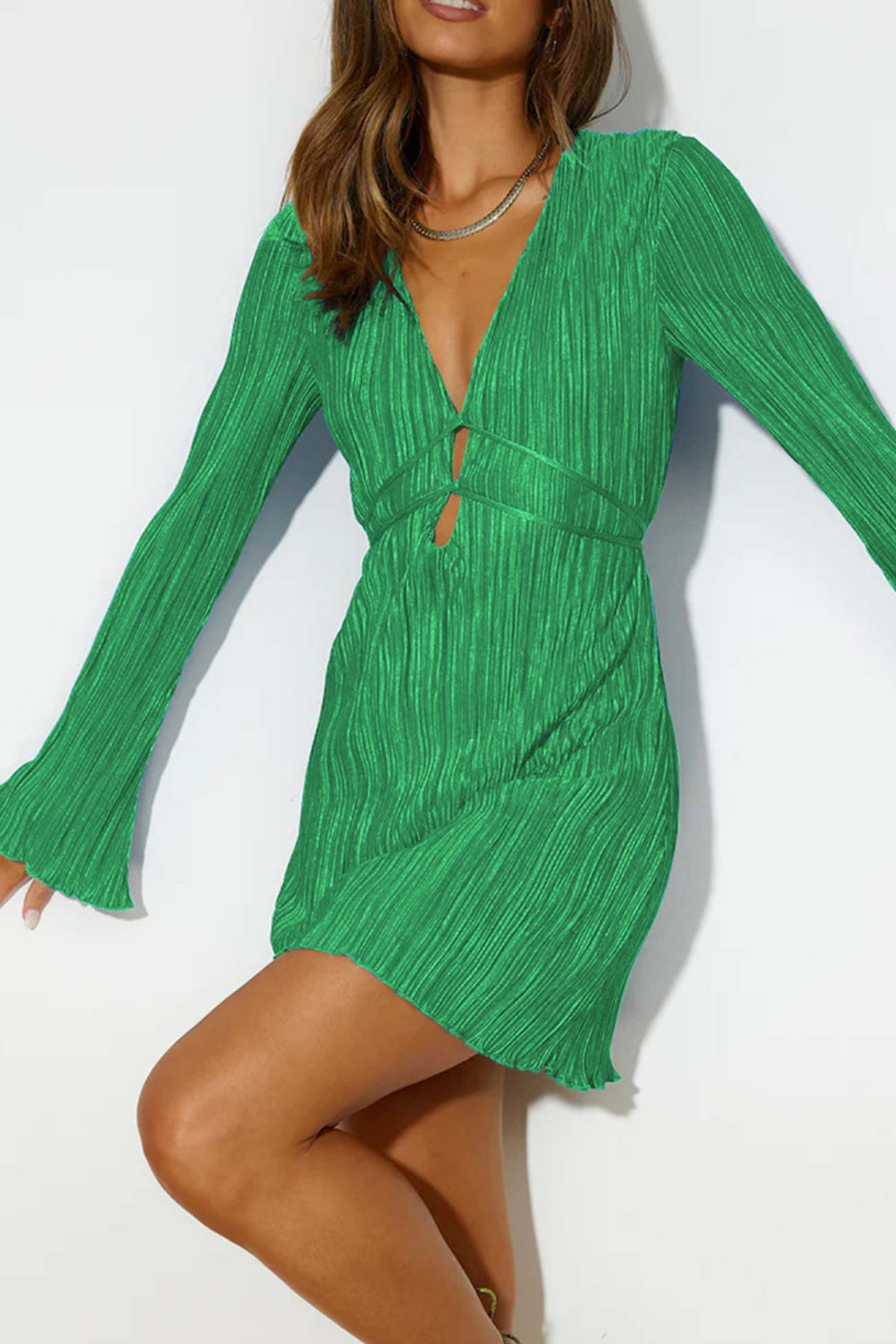 Pleated Flares Sleeve Tie-up Mini Dress