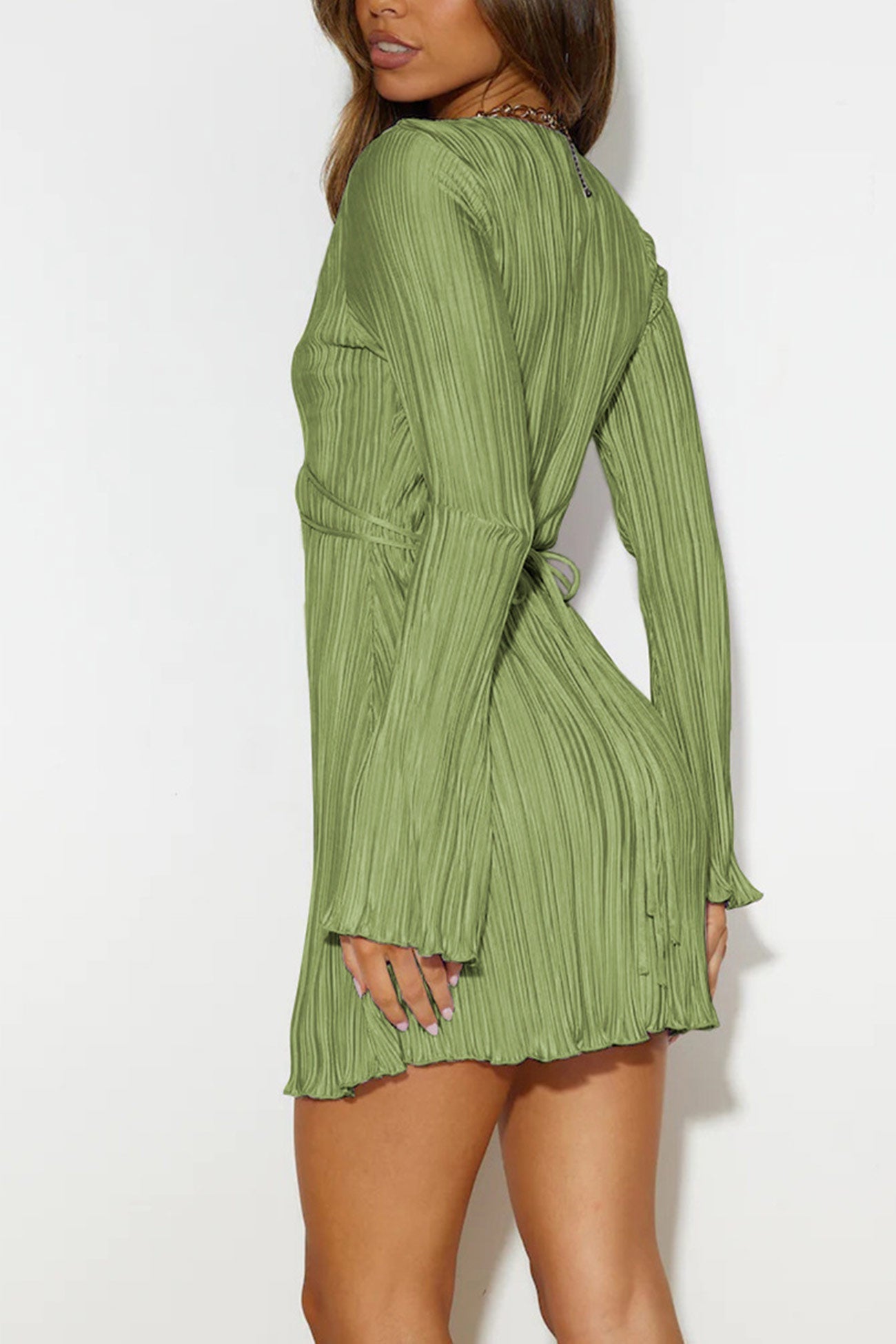 Pleated Flares Sleeve Tie-up Mini Dress