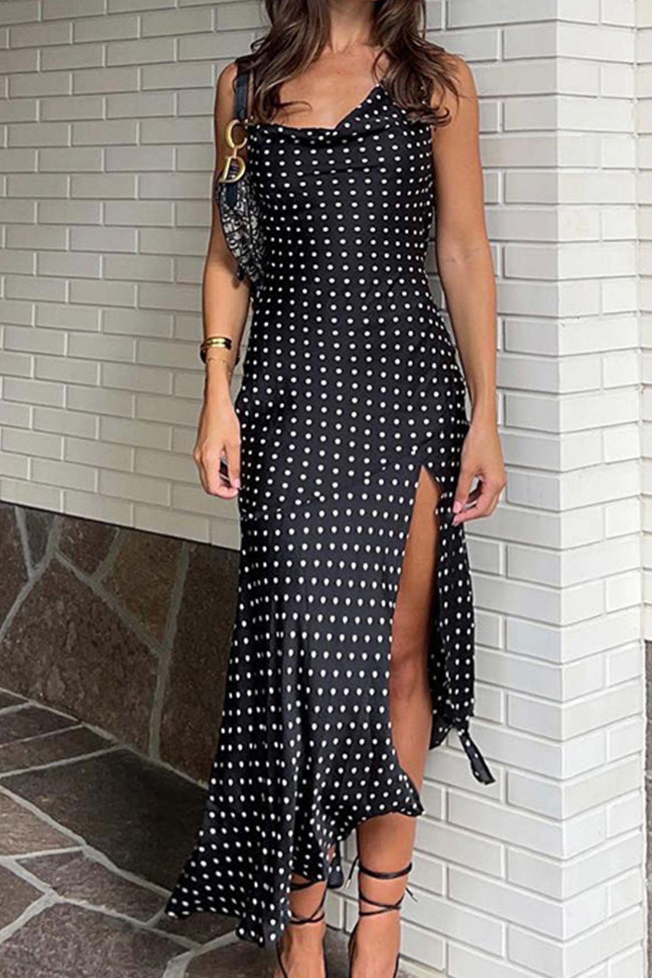 Polka Dot Cowl Neck Slit Dress