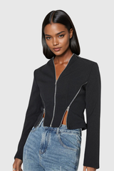 Prisha Zipper V Neck Short Jacket In Black