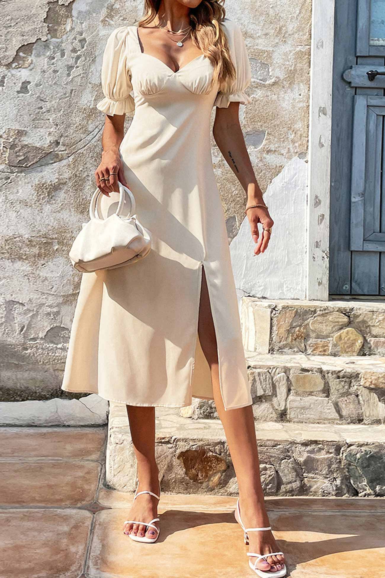 Puff Sleeve Crisscross Strappy Slit Dress