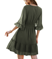 new V-neck solid color polka-dot chiffon dress
