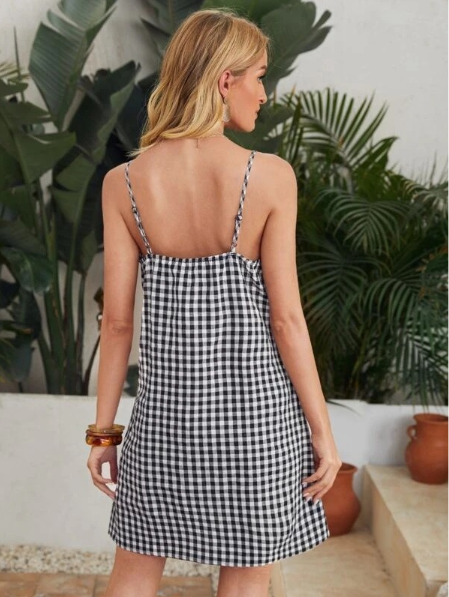 Fashion black and white plaid suspender V-neck dress female