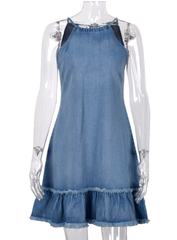 Open-back denim hanging neck dress women's dress