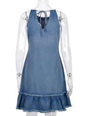 Open-back denim hanging neck dress women's dress