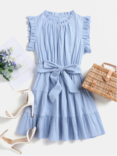 Pretty Off The Shoulder Striped Belted Dress