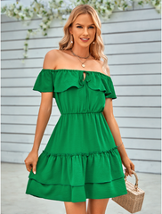Casual off-the-shoulder ruffled solid color dress