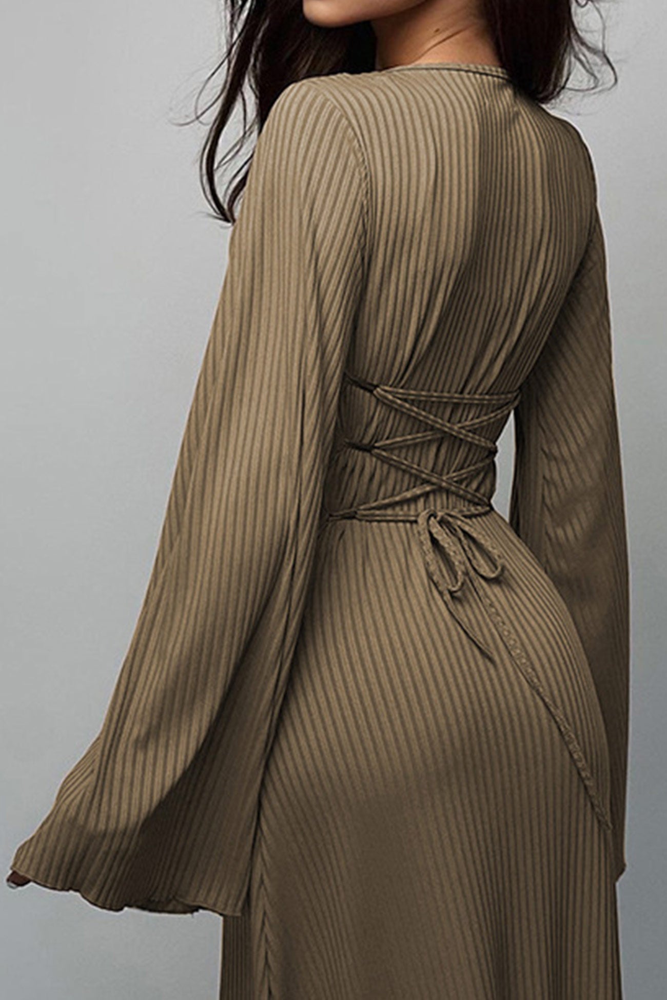 Ribbed Flares Sleeve Tie-back Dress