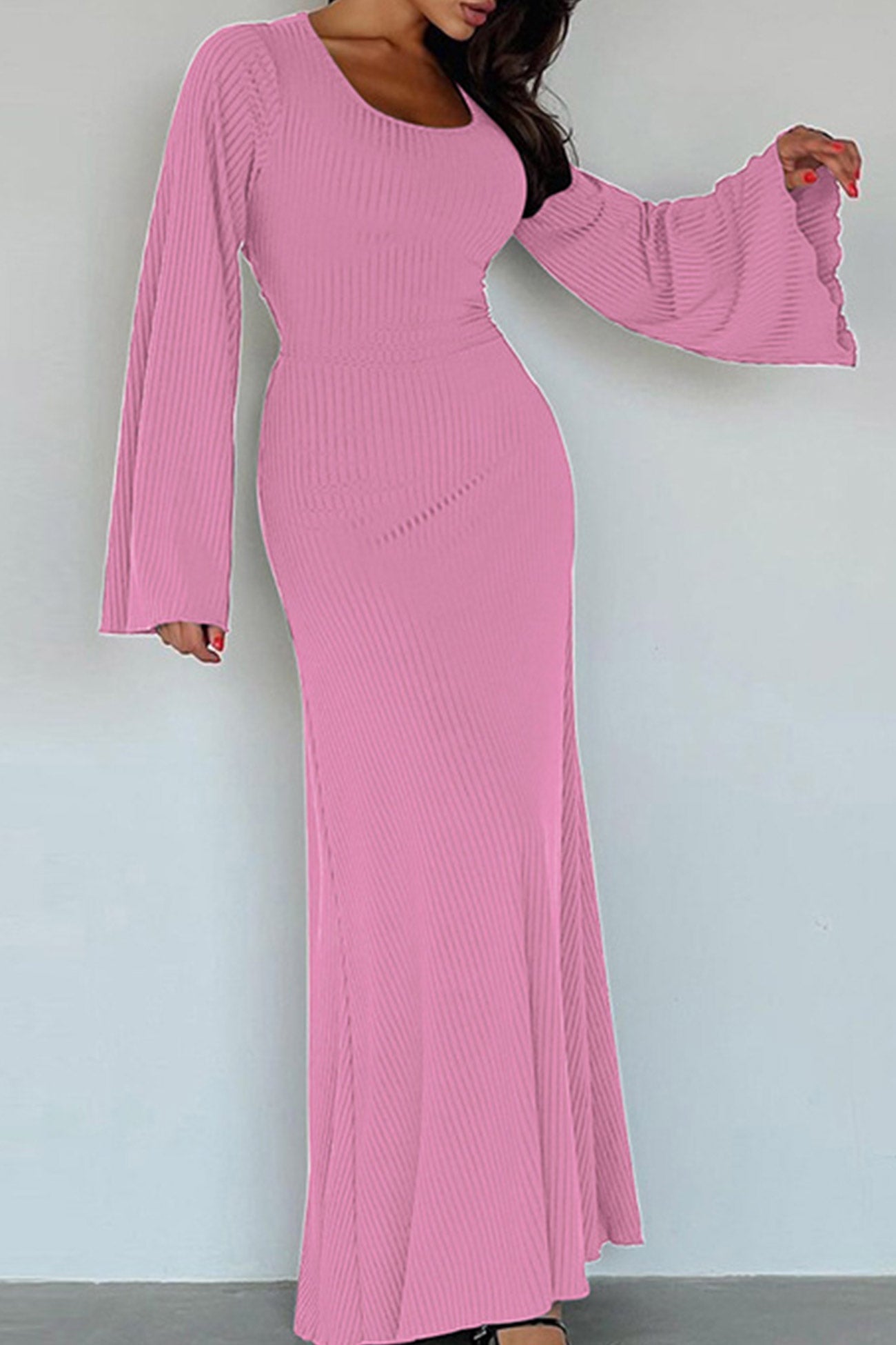 Ribbed Flares Sleeve Tie-back Dress