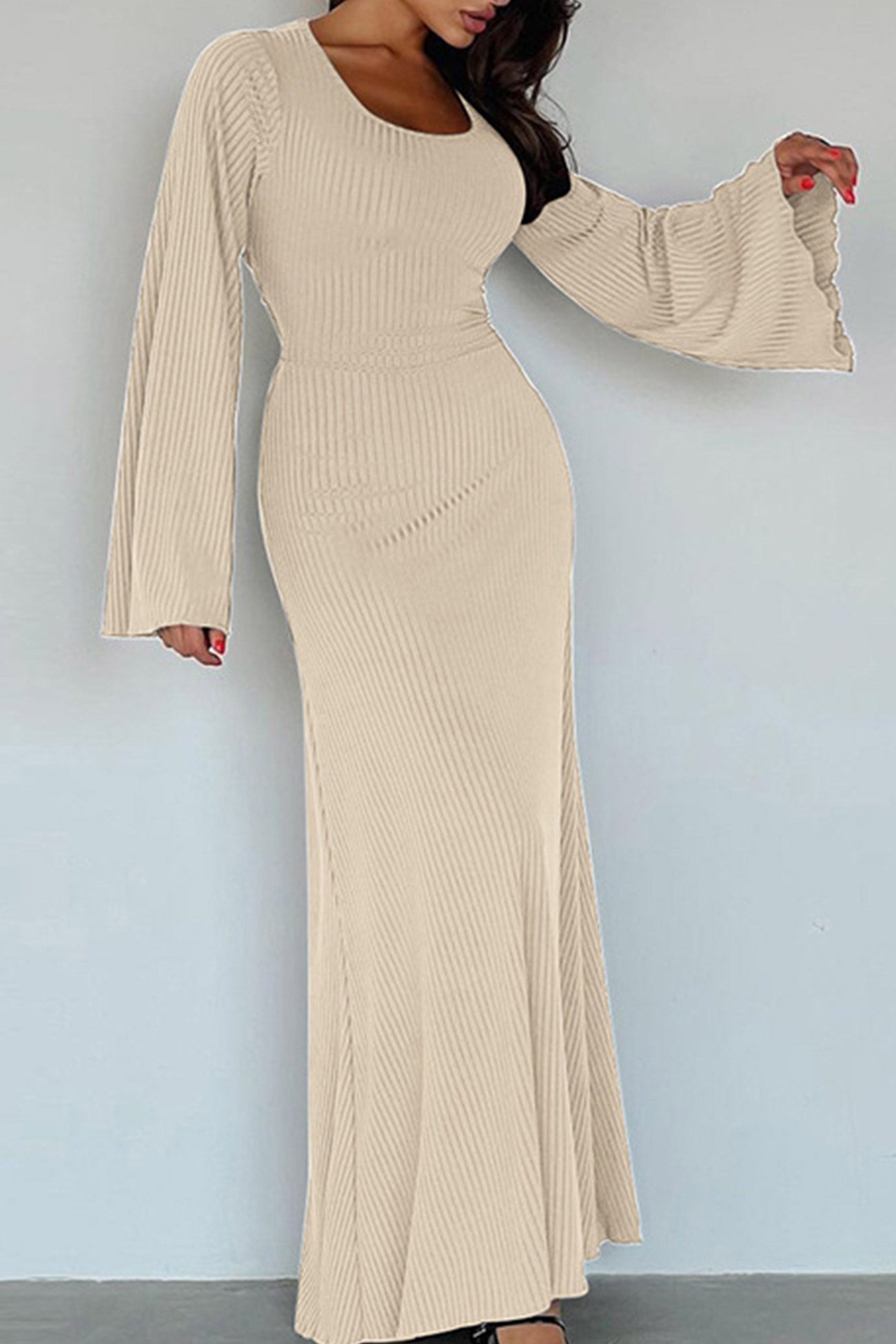 Ribbed Flares Sleeve Tie-back Dress