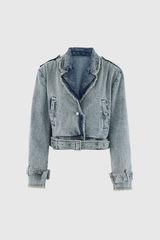 Riddhi Lapel Fringe Buckle Denim Short Jacket