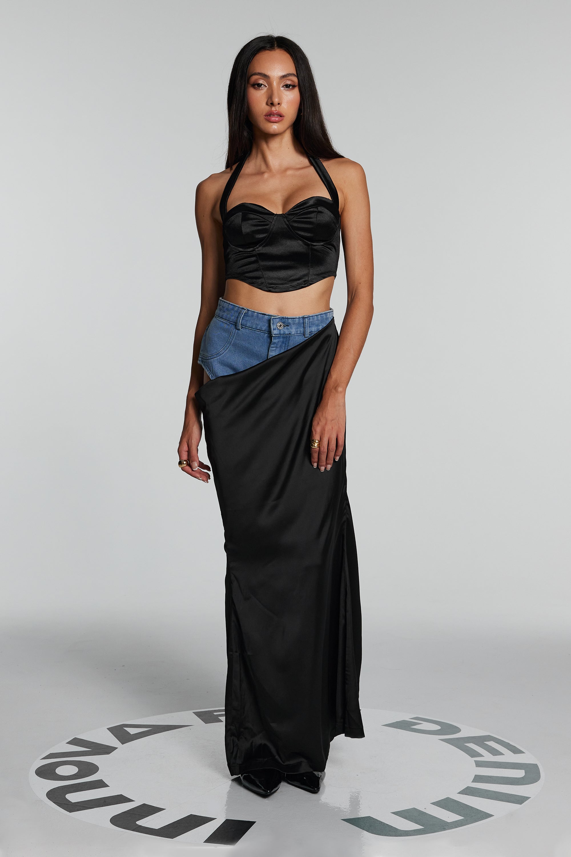 Ronny Denim Hollow Maxi Skirt