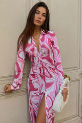 Rosarotes Hemdblusenkleid mit Knopfleiste und Print